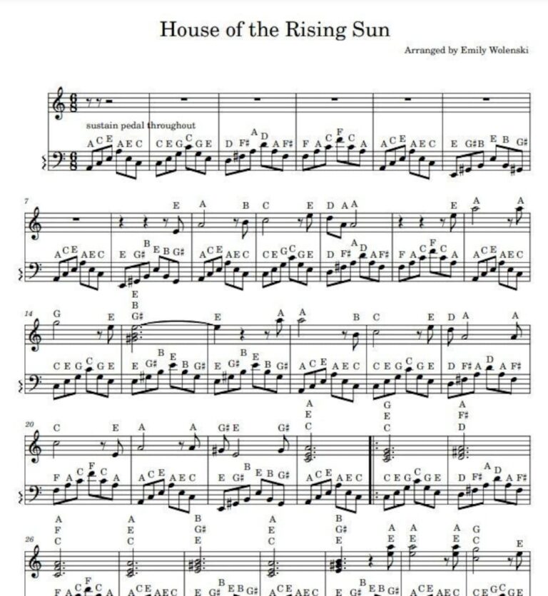 House Of The Rising Sun Note Names Piano Sheet Music Etsy