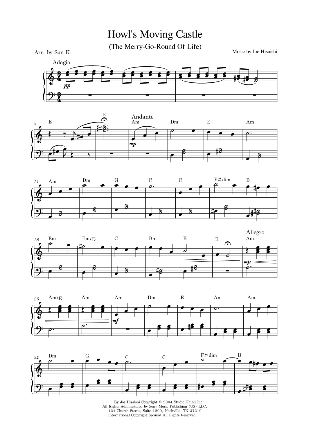 Howl s Moving Castle arr Sun K By Joe Hisaishi Sheet Music For Easy Piano At Sheet Music Direct Howl s Moving Castle arr Sun K By Joe Hisaishi Sheet Music For Easy Piano At Sheet Music Direct