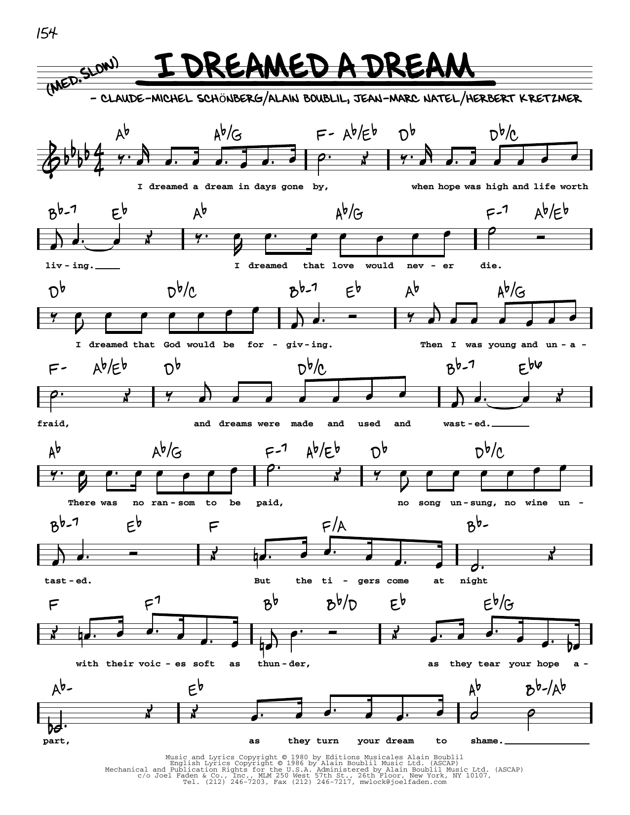 I Dreamed A Dream from Les Miserables High Voice By Boublil Schonberg Sheet Music For Real Book Melody Lyrics Chords At Sheet Music Direct