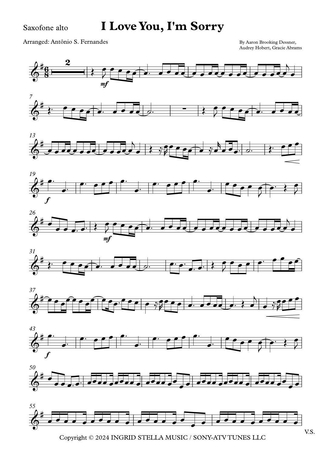 I Love You I m Sorry arr Ant nio S Fernandes By Gracie Abrams Sheet Music For Alto Sax Solo At Sheet Music Direct