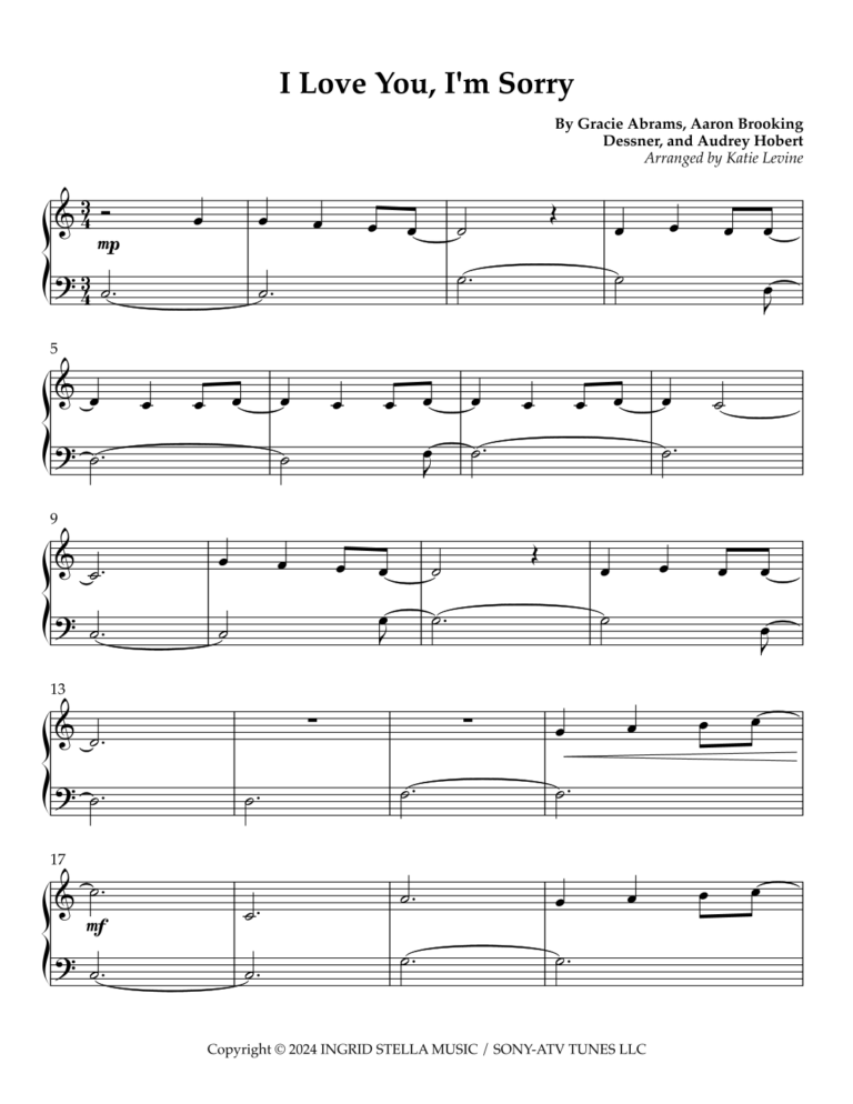 I Love You I m Sorry arr Katie Levine By Gracie Abrams Sheet Music For Easy Piano At Sheet Music Direct