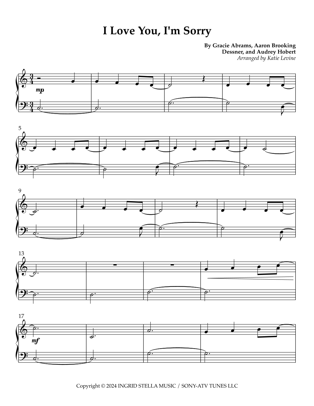 I Love You I m Sorry arr Katie Levine By Gracie Abrams Sheet Music For Easy Piano At Sheet Music Direct