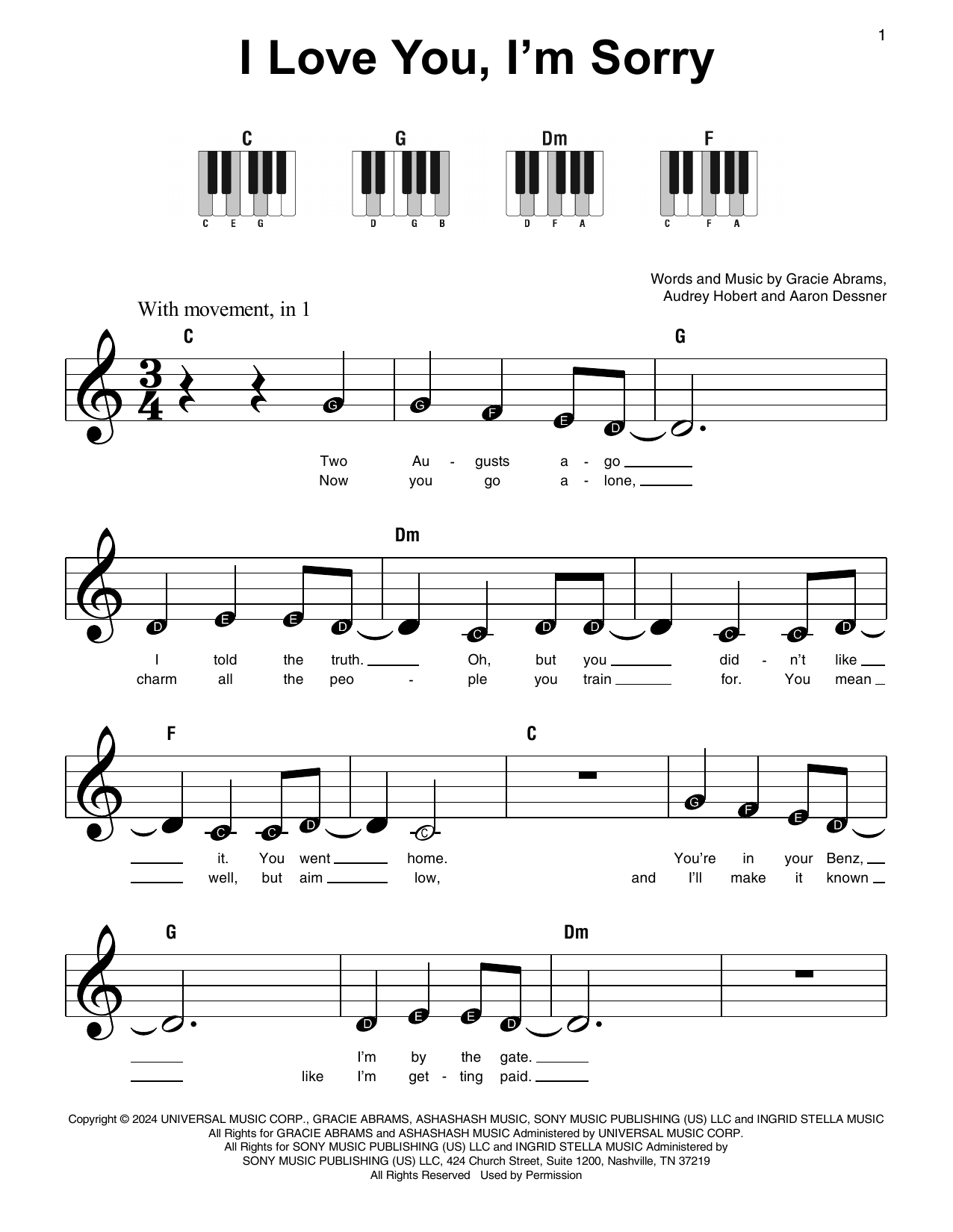I Love You I m Sorry By Gracie Abrams Sheet Music For Super Easy Piano At Sheet Music Direct