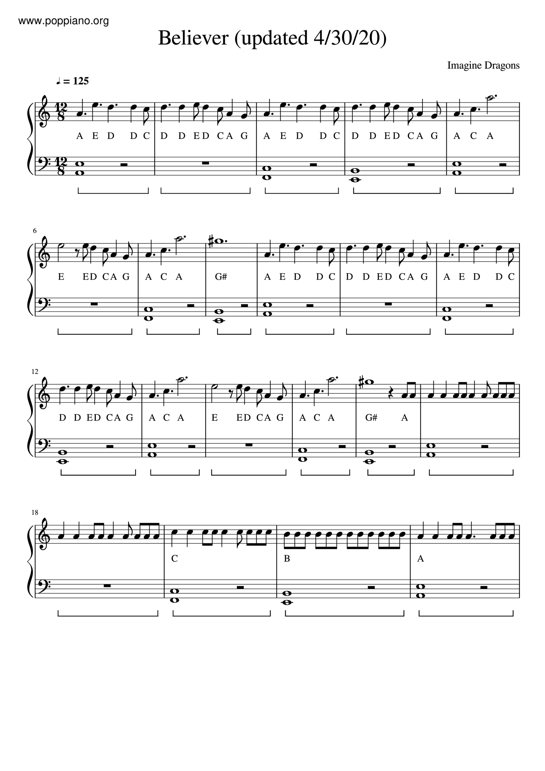  Imagine Dragons Believer Sheet Music Pdf Free Score Download 
