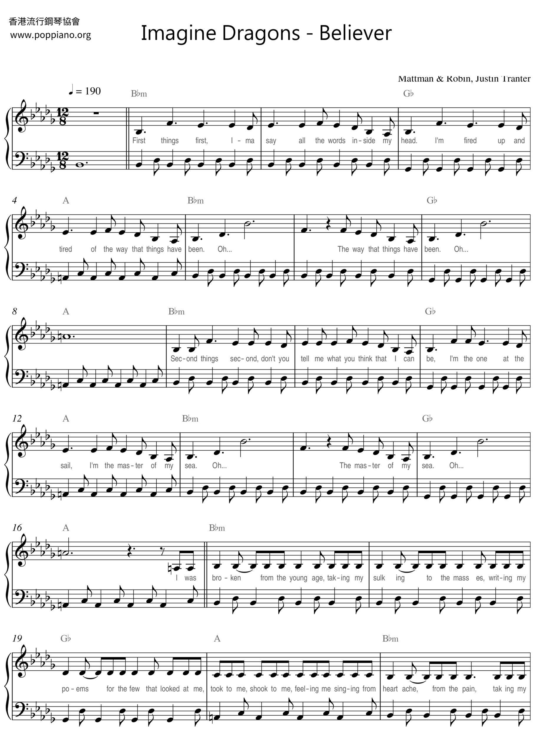  Imagine Dragons Believer Sheet Music Pdf Free Score Download 