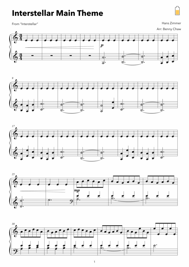 Interstellar arr Benny Chaw By Hans Florian Zimmer Sheet Music For Piano Solo At Sheet Music Direct