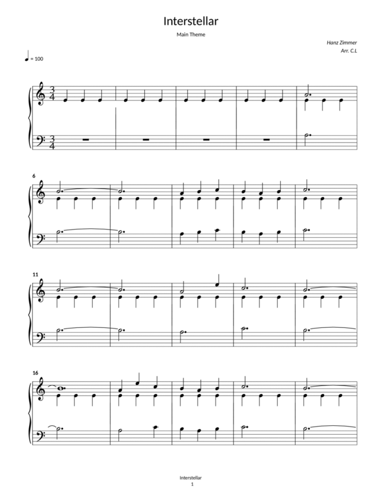 Interstellar arr Cindy Margaretha By Hans Florian Zimmer Sheet Music For Piano Solo At Sheet Music Direct
