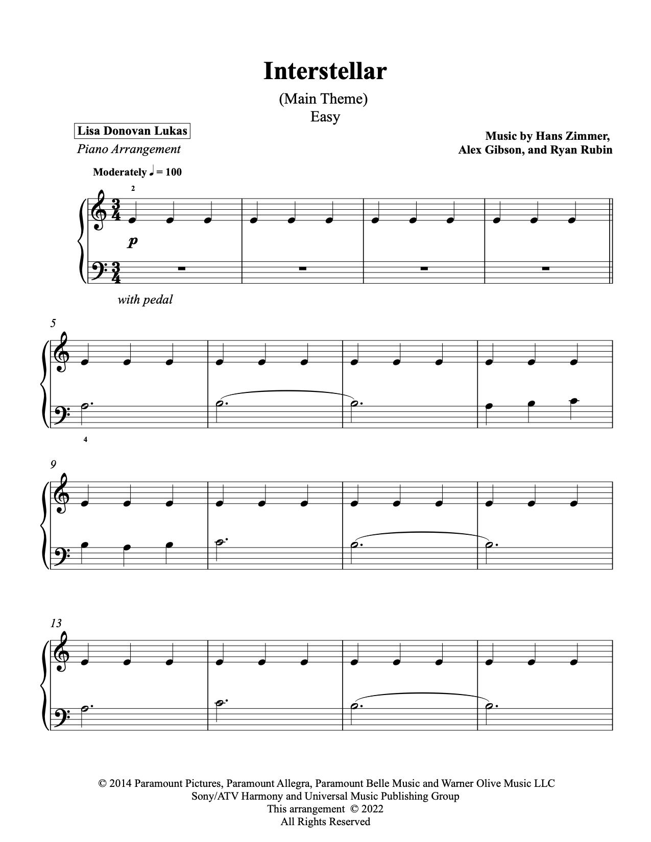 Interstellar Main Theme Easy Lisa Donovan Lukas