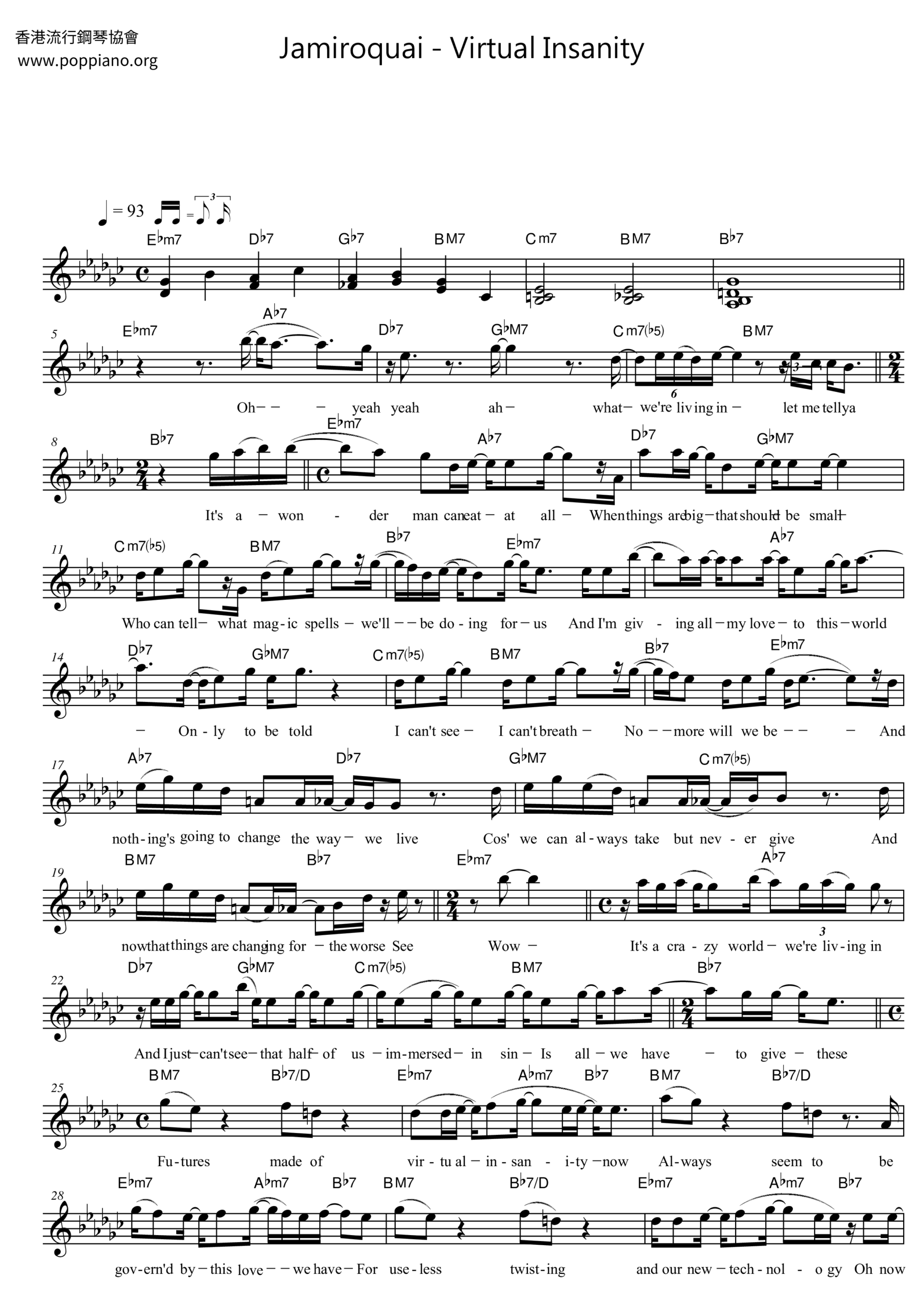  Jamiroquai Virtual Insanity Sheet Music Pdf Free Score Download 