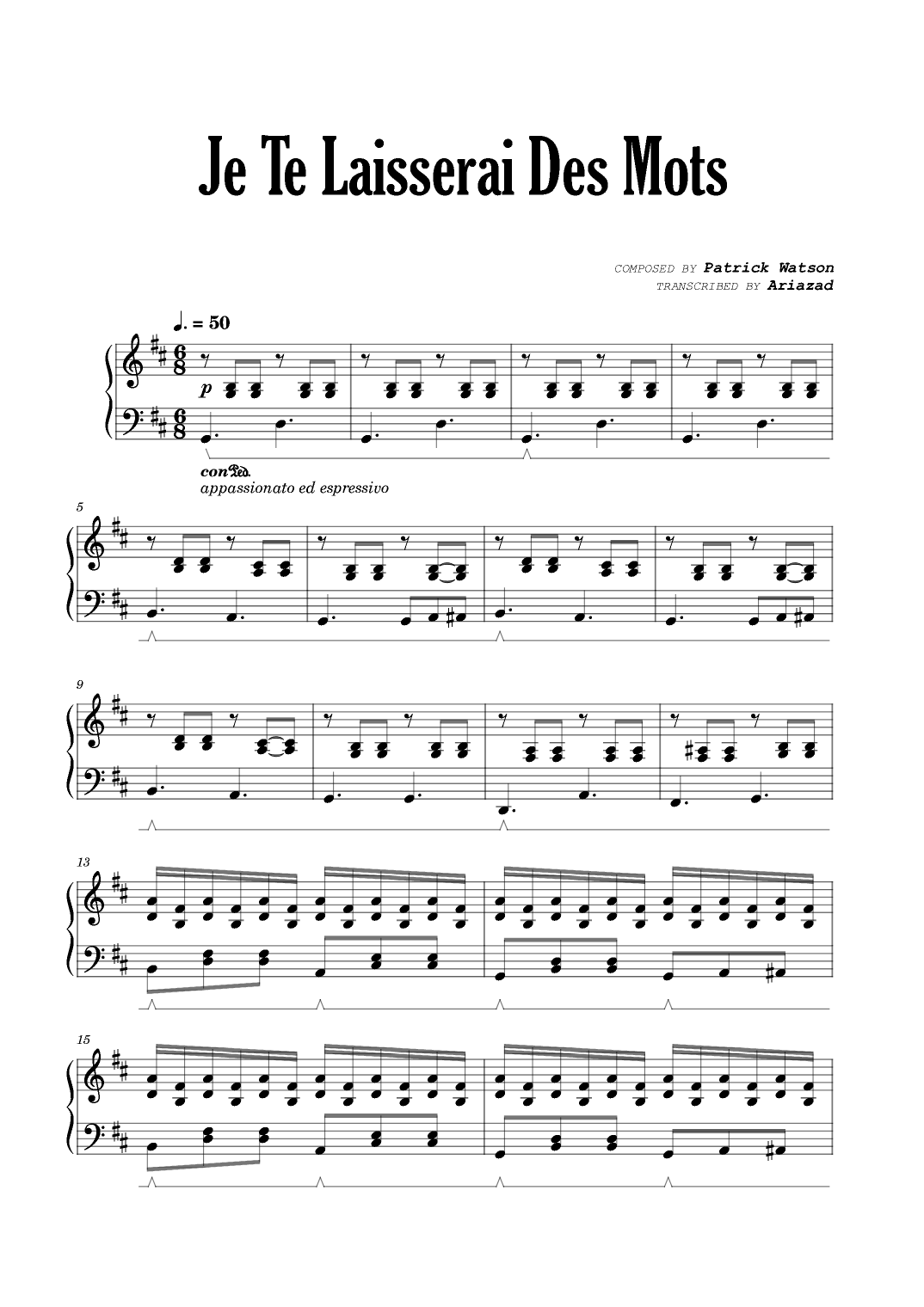 Je Te Laisserai Des Mots arr Ariazad By Patrick Watson Sheet Music For Piano Solo At Sheet Music Direct