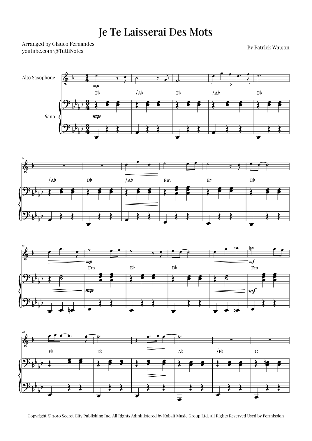 Je Te Laisserai Des Mots arr Glauco Fernandes By Patrick Watson Sheet Music For Alto Sax And Piano At Sheet Music Direct