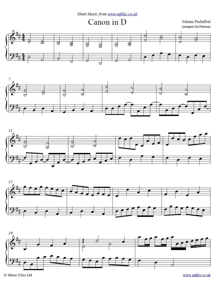 Johann Pachelbel Canon In D Arranged For Piano Classical Sheet Music