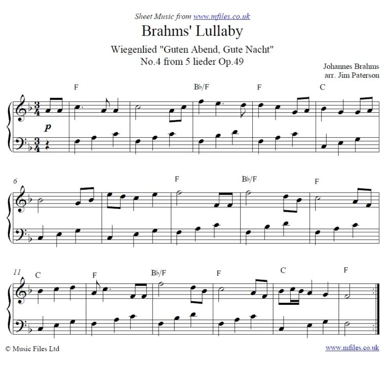 Johannes Brahms Lullaby Cradle Song Or Wiegenlied for Piano Solo Classical PDF Sheet Music And Download Midi Mp3 Files