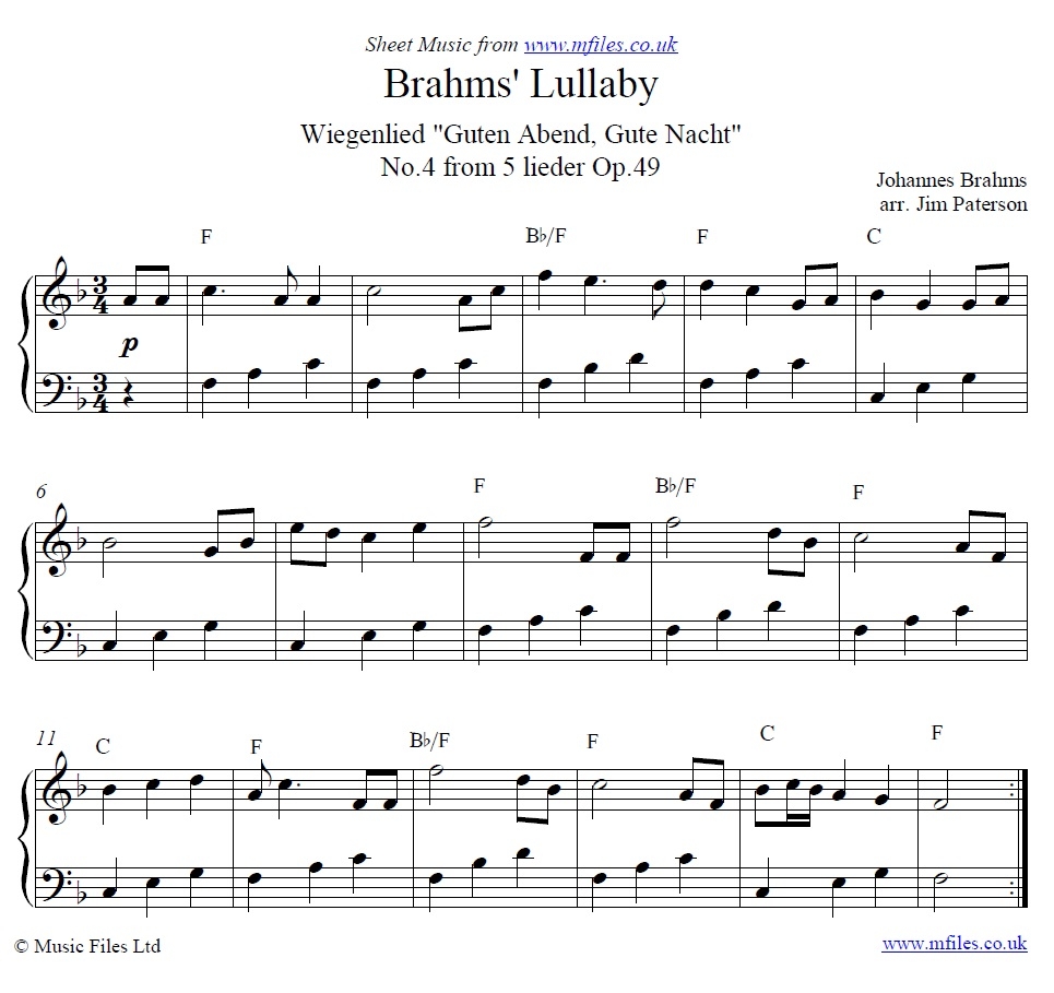 Johannes Brahms Lullaby Cradle Song Or Wiegenlied for Piano Solo Classical PDF Sheet Music And Download Midi Mp3 Files