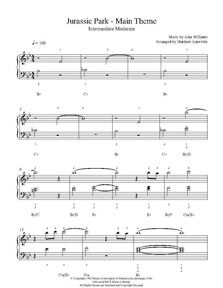 Jurassic Park Theme By John Williams Sheet Music Lesson Intermediate Level