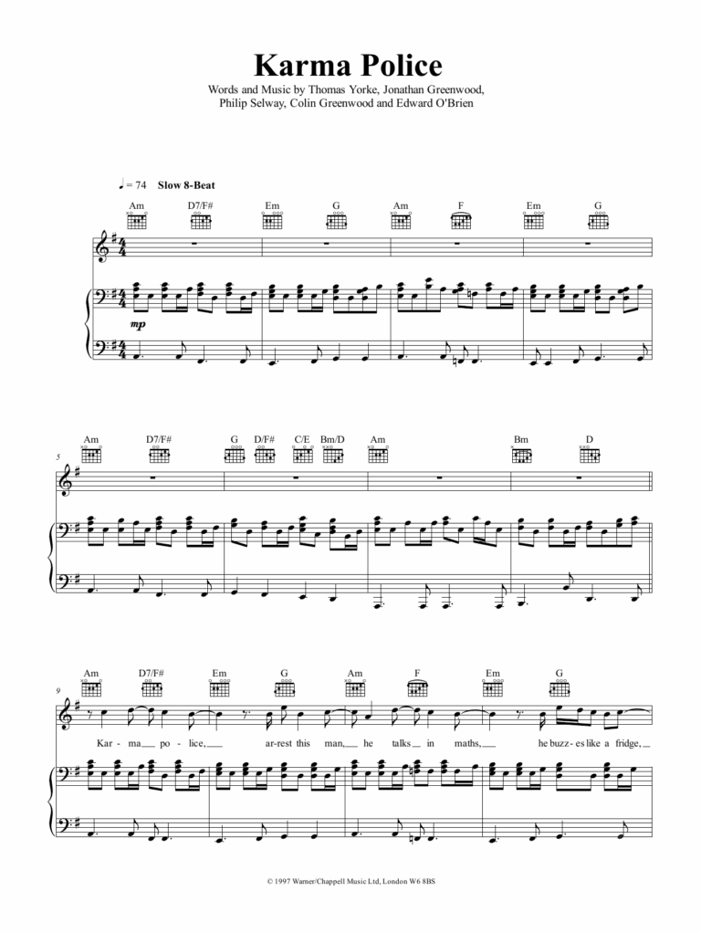 Karma Police By Radiohead Sheet Music For Piano Vocal Guitar Chords Right Hand Melody At Sheet Music Direct