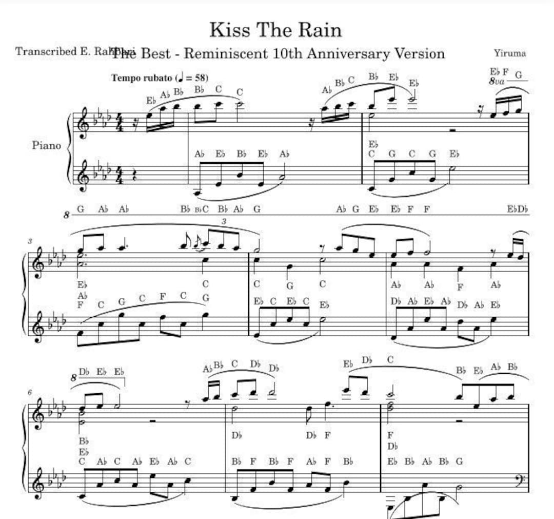 Kiss The Rain Yiruma Note Names Piano Sheet Music Etsy