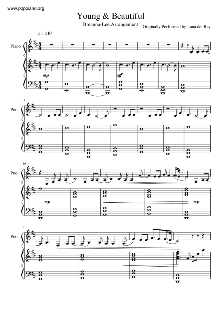  Lana Del Rey Young And Beautiful Sheet Music Pdf Free Score Download 