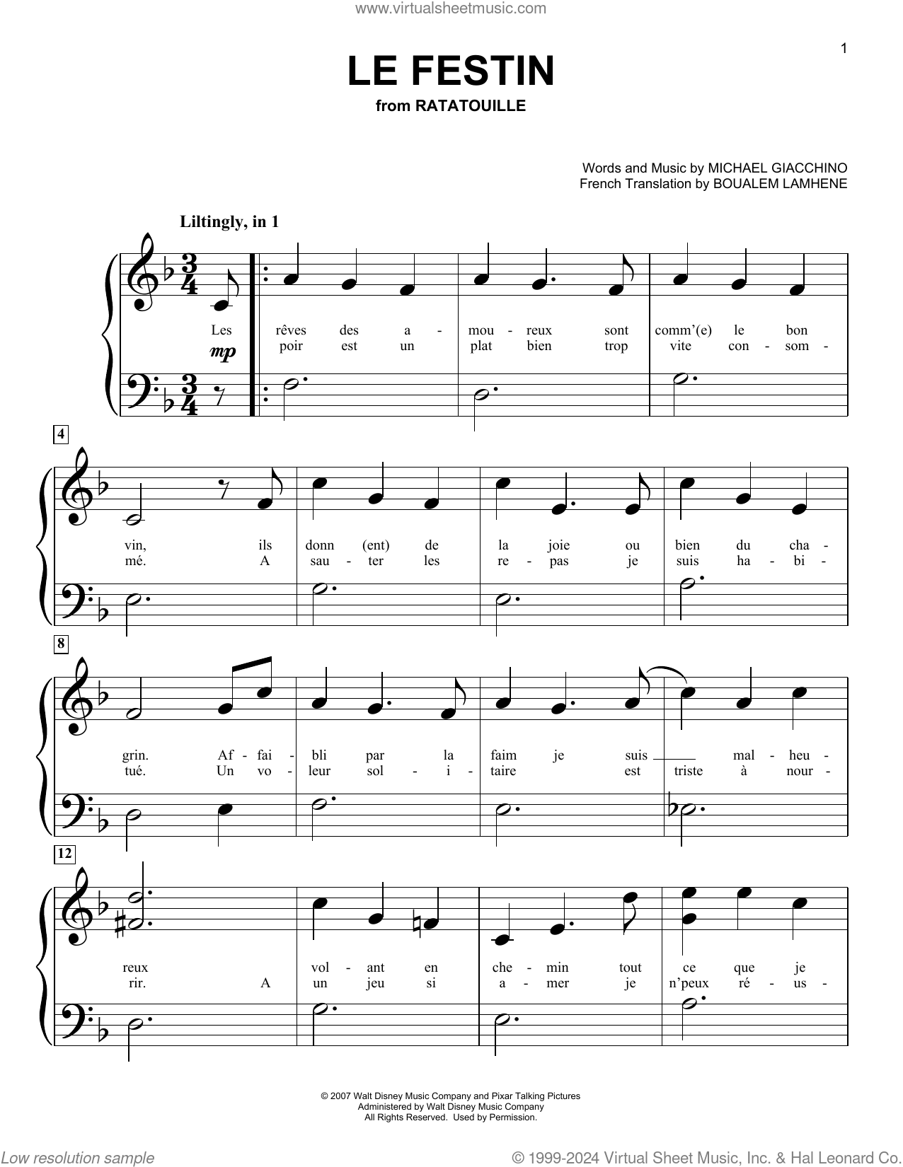 Le Festin from Ratatouille Sheet Music For Piano Solo big Note Book 