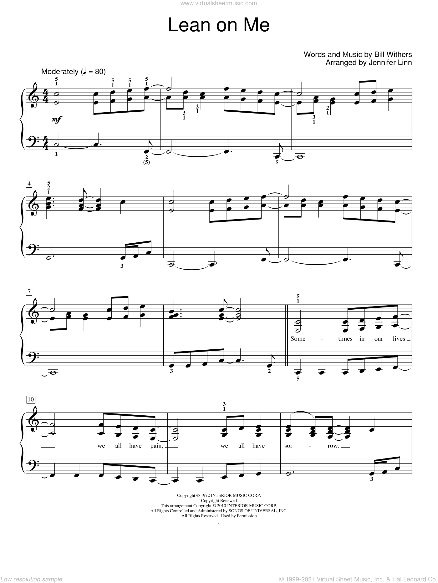 Lean On Me beginner Sheet Music For Piano Solo elementary Lean On Me beginner Sheet Music For Piano Solo elementary