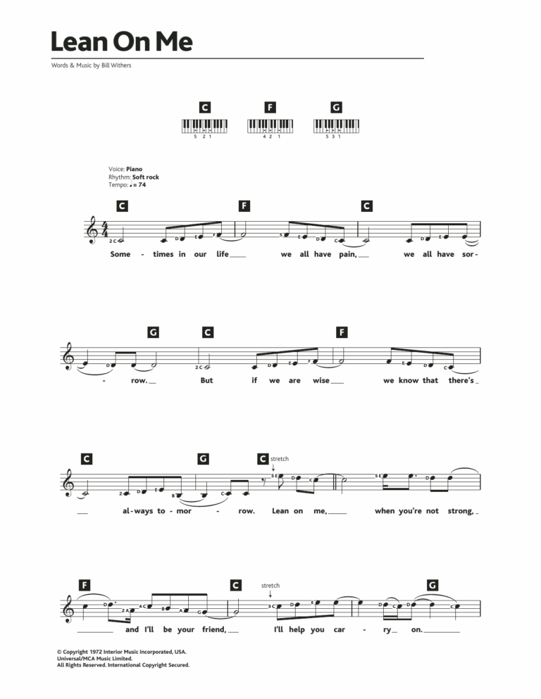 Lean On Me By Bill Withers Sheet Music For Piano Chords Lyrics At Sheet Music Direct