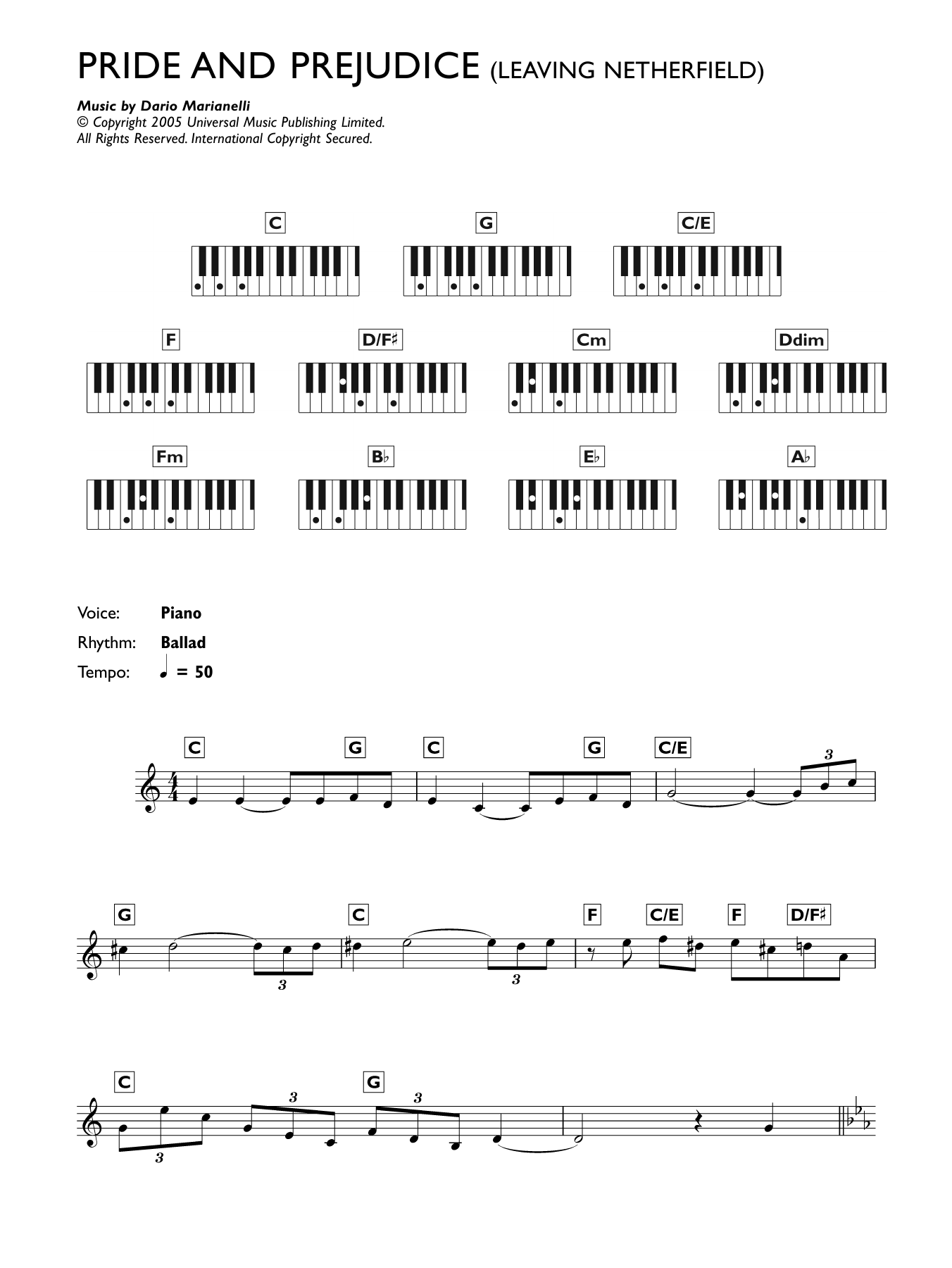 Leaving Netherfield from Pride And Prejudice By Dario Marianelli Sheet Music For Piano Chords Lyrics At Sheet Music Direct
