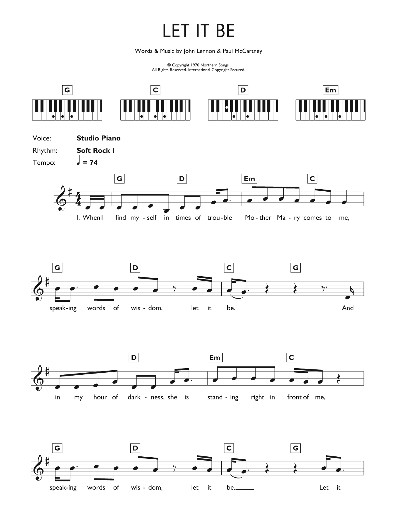 Let It Be By The Beatles Sheet Music For Piano Chords Lyrics At Sheet Music Direct