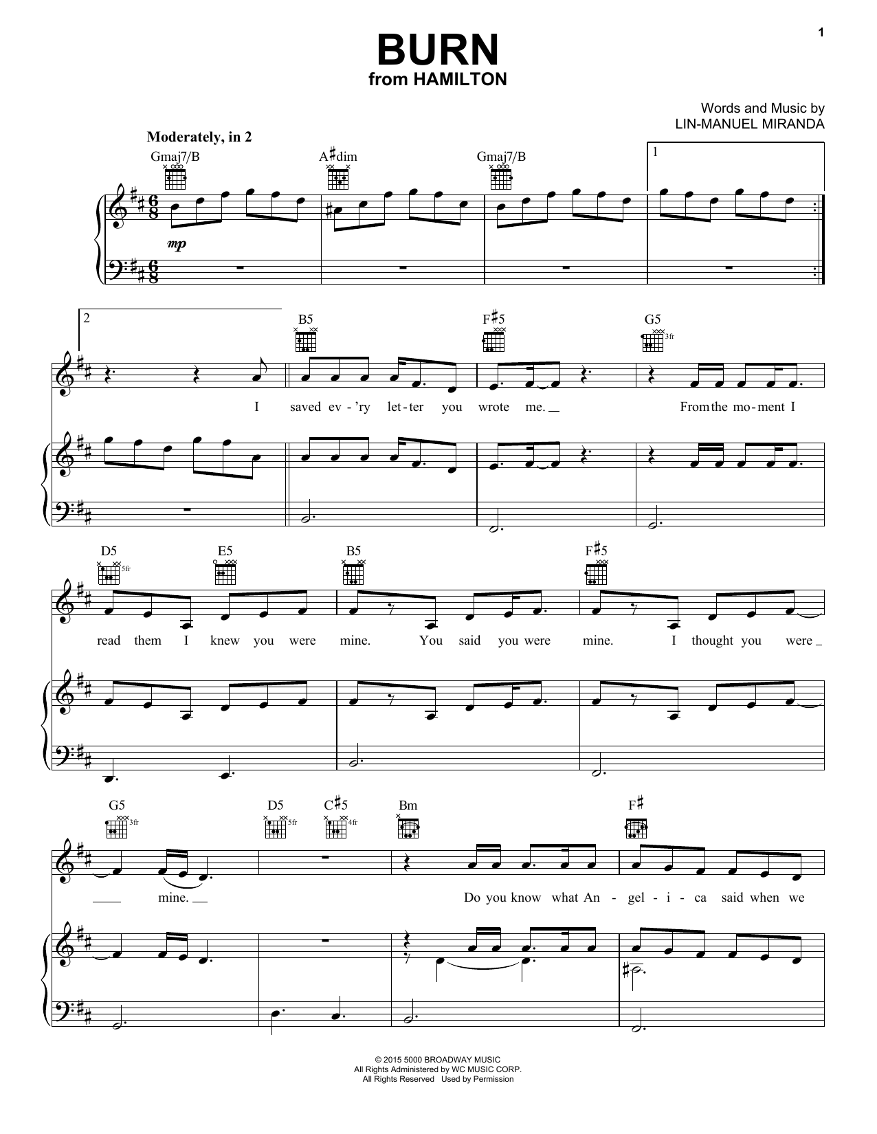 Lin Manuel Miranda Burn from Hamilton Sheet Music