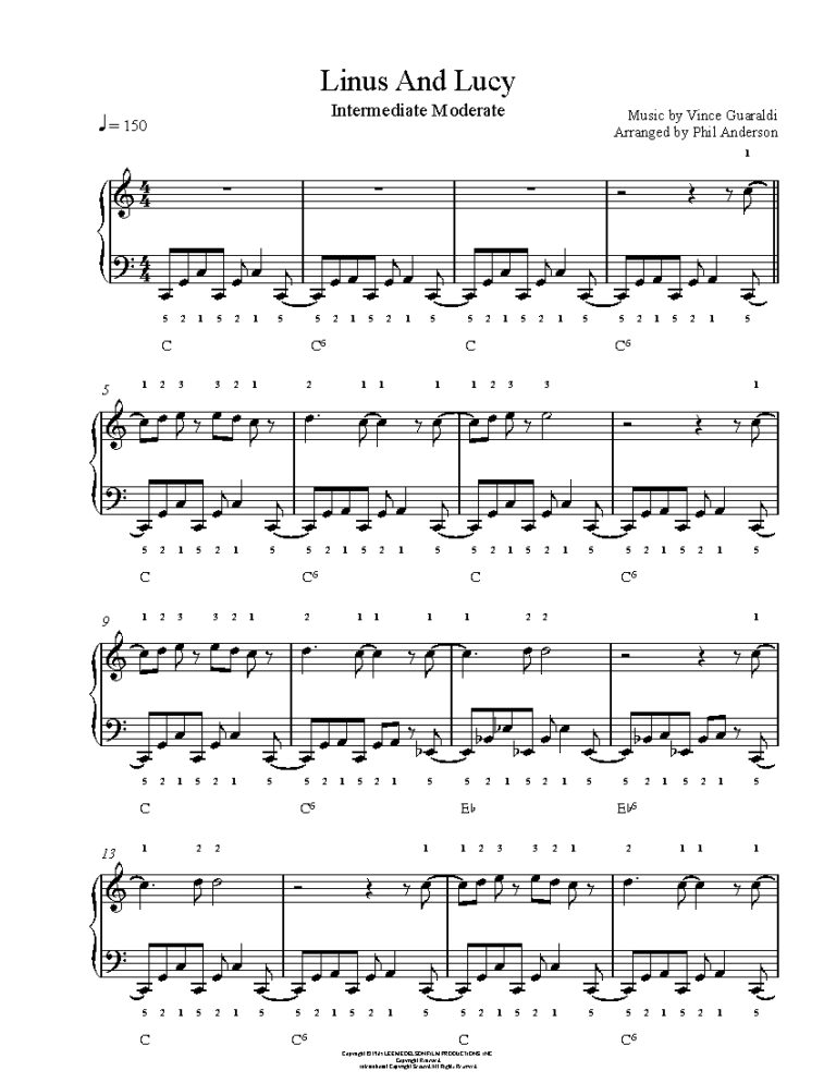 Linus And Lucy By Vince Guaraldi Sheet Music Lesson Intermediate Level