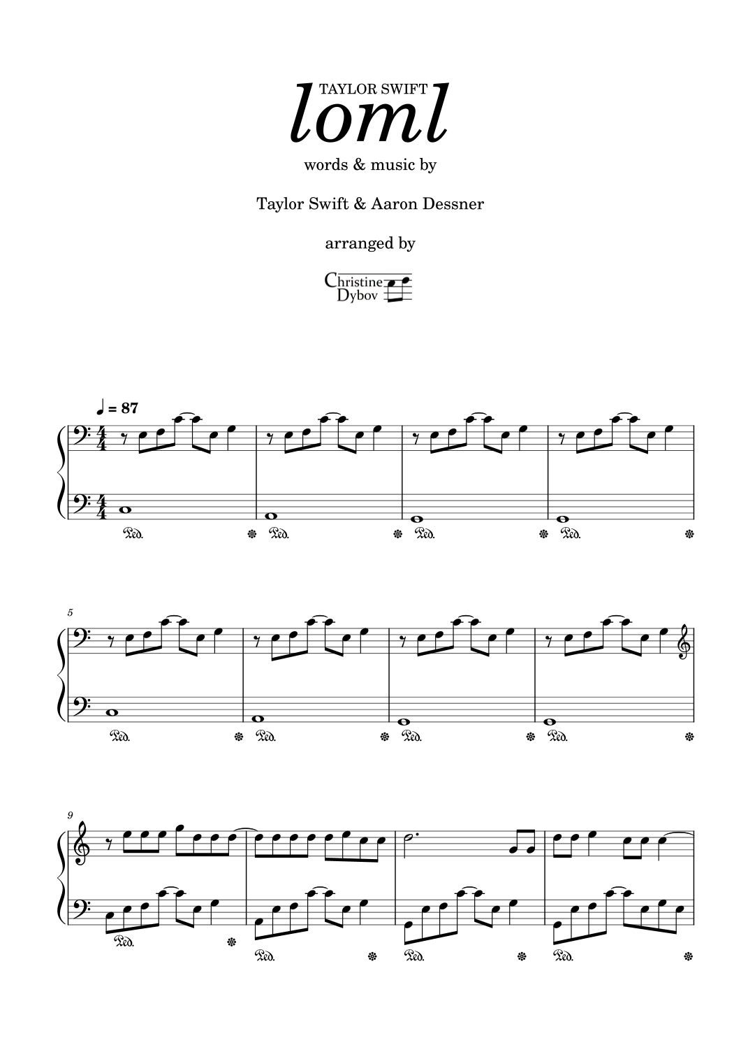 Loml arr Christine Dybov By Taylor Swift Sheet Music For Piano Solo At Sheet Music Direct