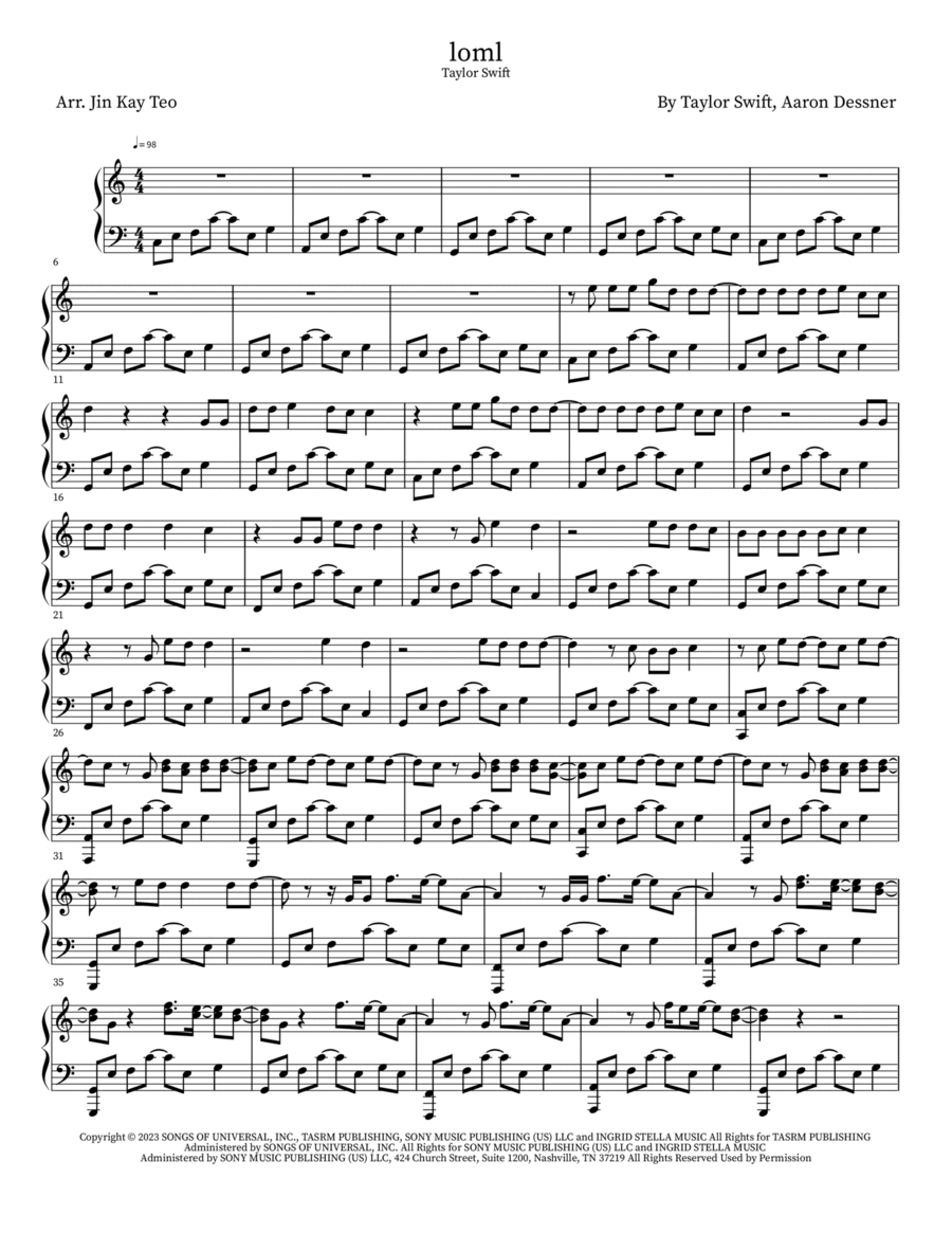 Loml By Taylor Swift Piano Solo Digital Sheet Music Sheet Music Plus