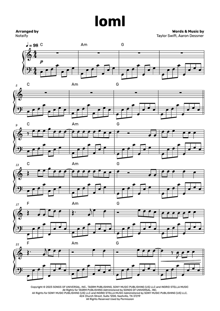 Loml By Taylor Swift Piano Solo Digital Sheet Music Sheet Music Plus