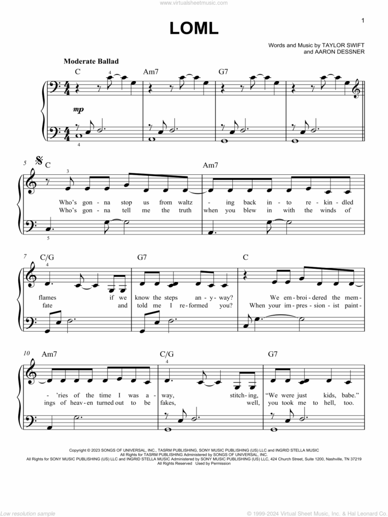 Loml Sheet Music easy For Piano Solo PDF interactive 