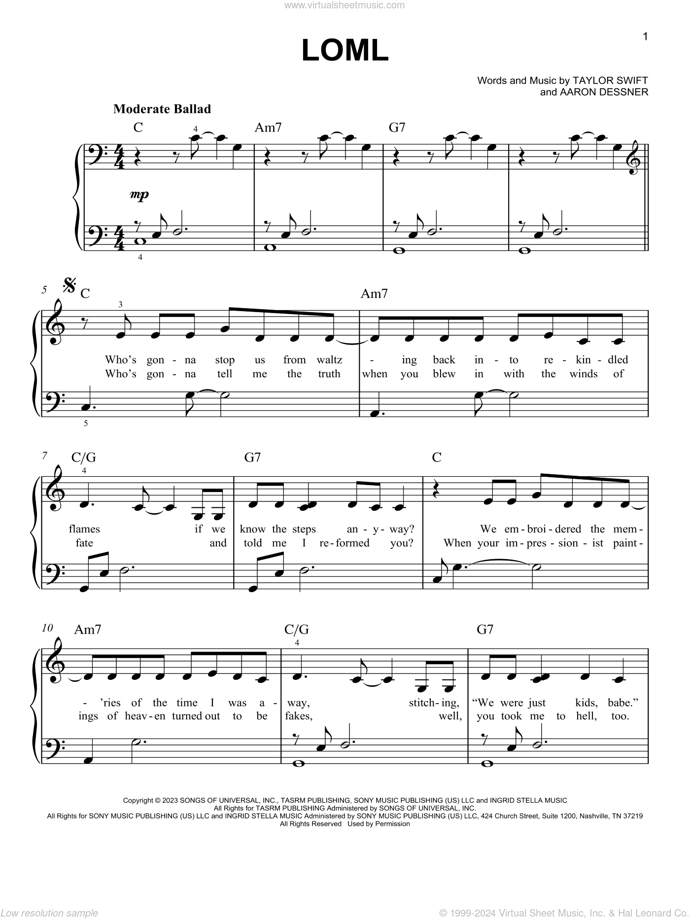 Loml Sheet Music easy For Piano Solo PDF interactive 