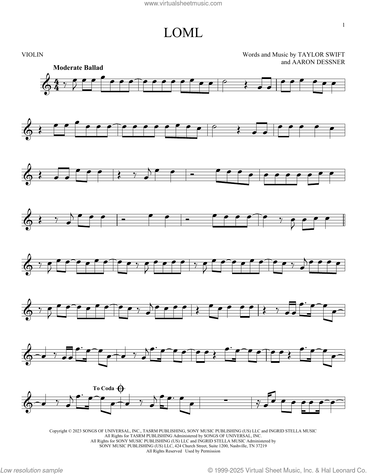 Loml Sheet Music For Violin Solo PDF interactive 