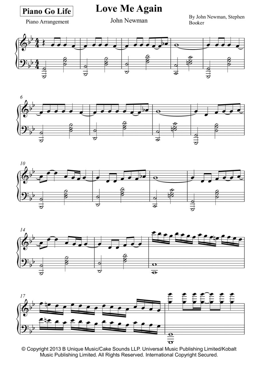 Love Me Again arr Piano Go Life By John Newman Sheet Music For Piano Solo At Sheet Music Direct