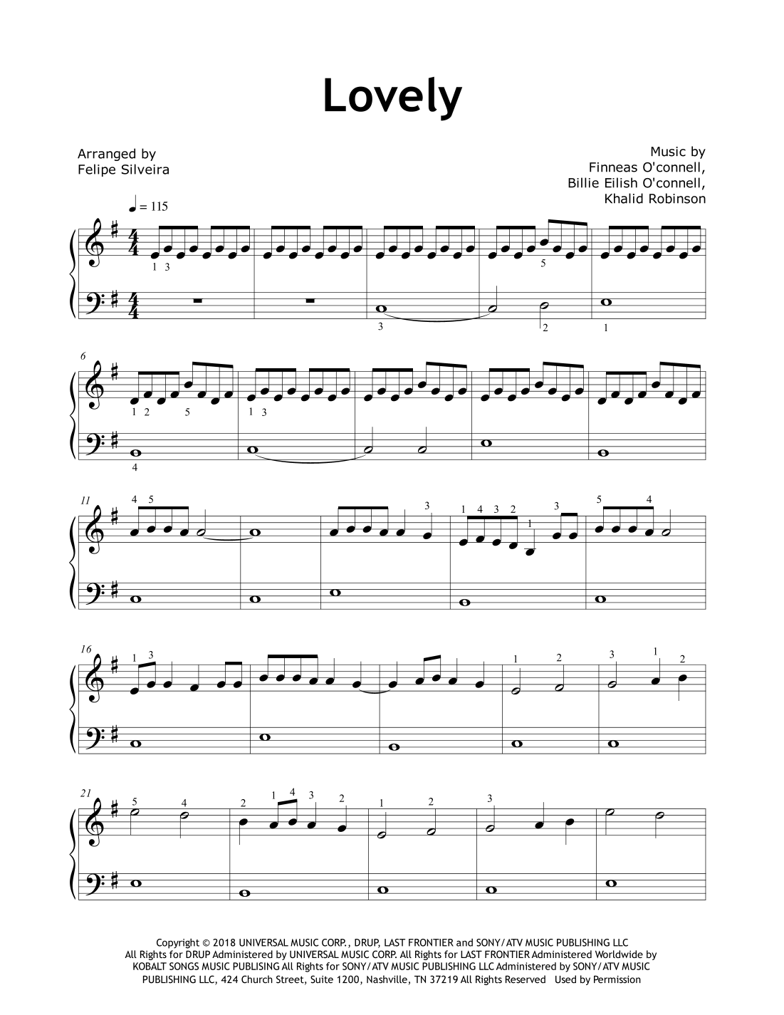 Lovely arr Felipe Silveira By Billie Eilish Feat Khalid Sheet Music For Easy Piano At Sheet Music Direct