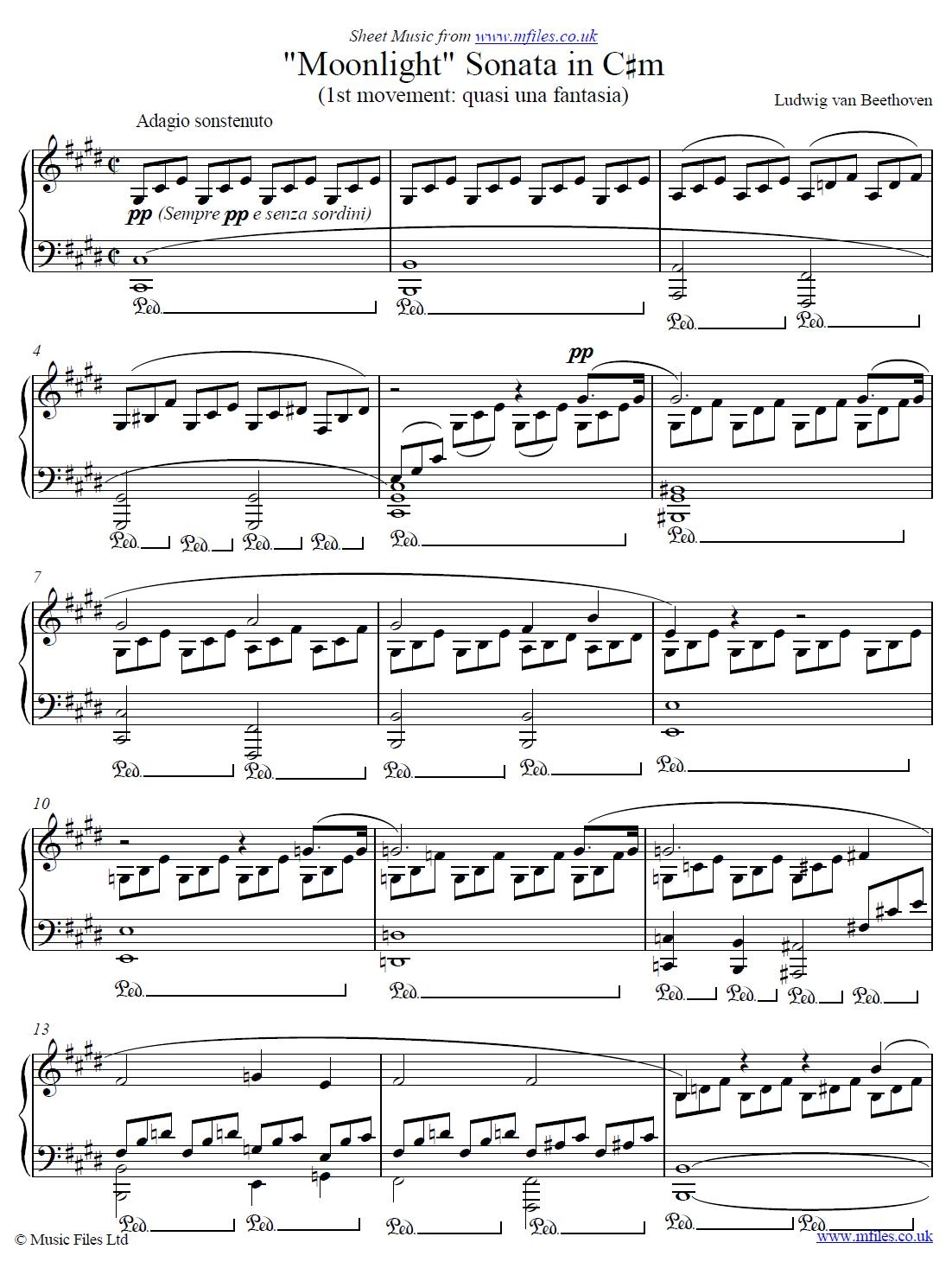 Ludwig Van Beethoven Moonlight Sonata No 14 In C m Op 27 No 2 1st Movement Classical PDF Sheet Music Midi Mp3