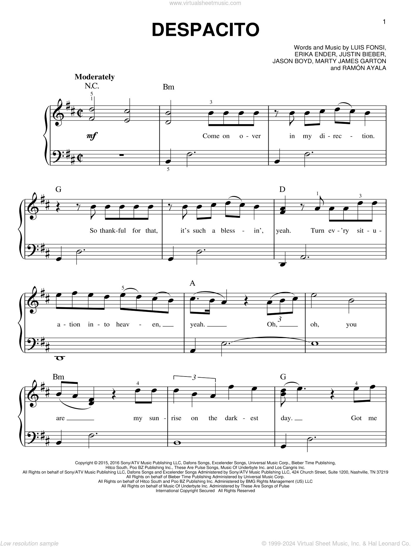 Luis Fonsi Daddy Yankee Feat Justin Bieber Despacito Sheet Music For Piano Solo V2