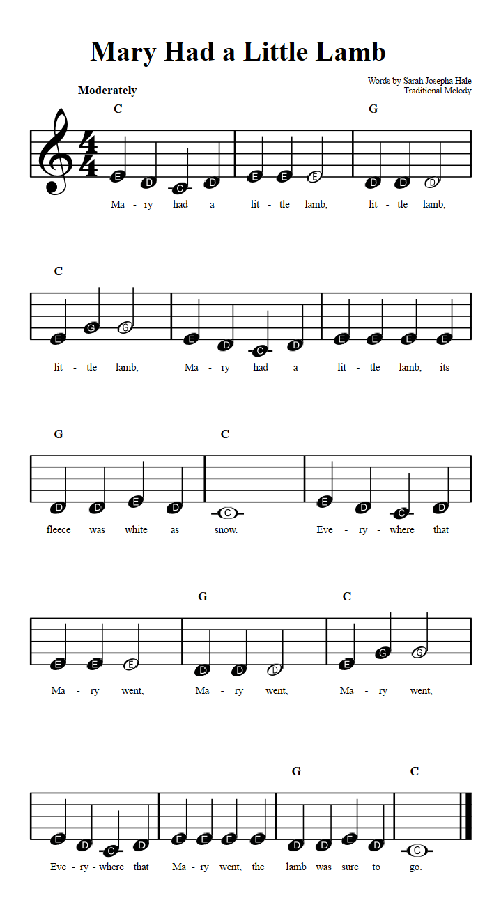 Mary Had A Little Lamb Beginner Sheet Music With Chords And Lyrics