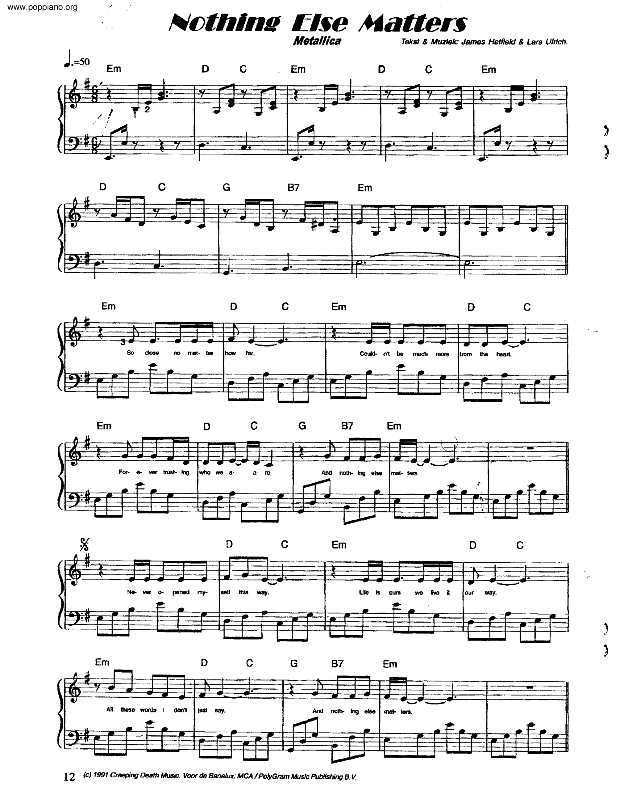  Metallica Nothing Else Matters Sheet Music Pdf Free Score Download 