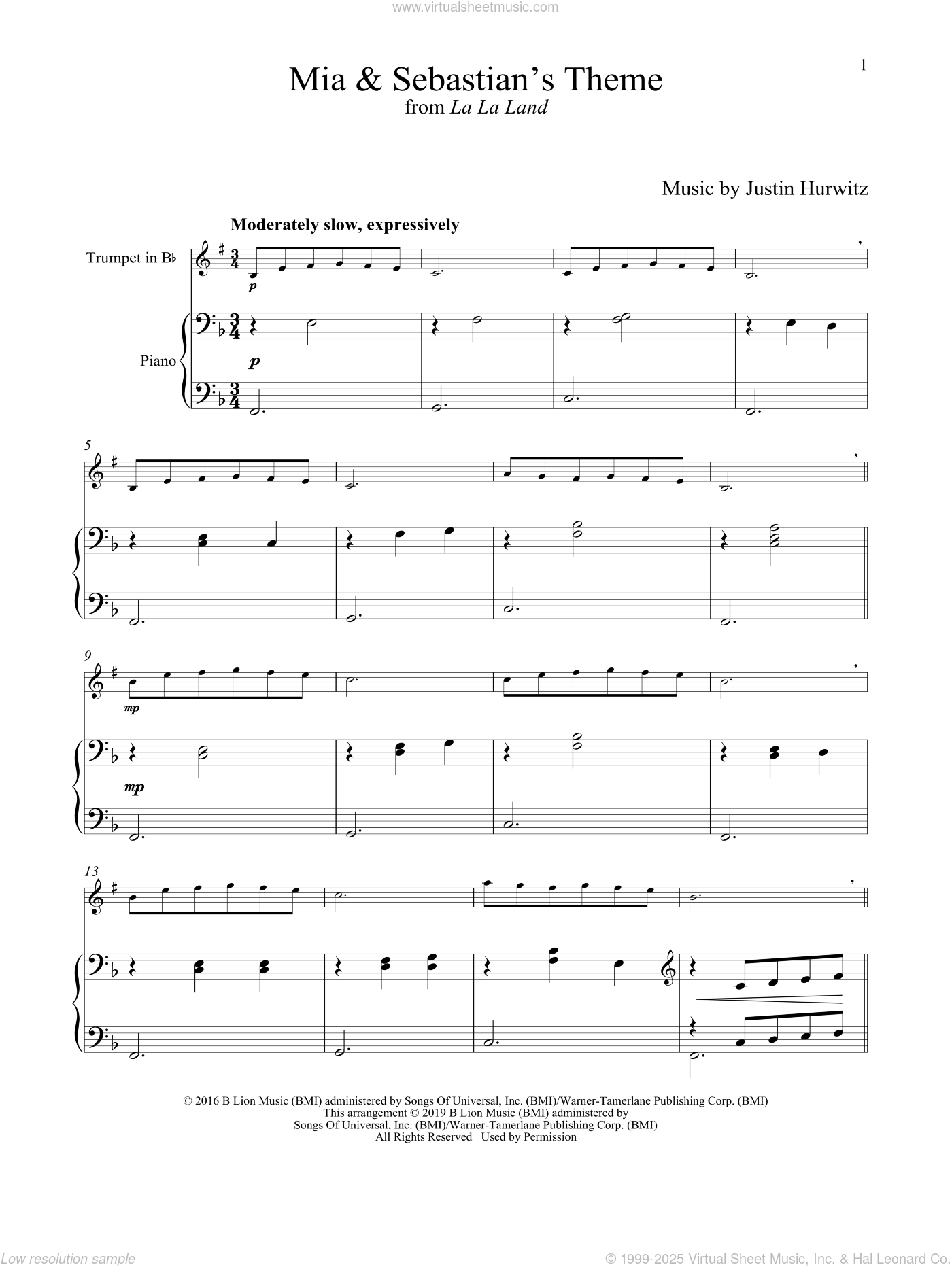Mia And Sebastian s Theme from La La Land Sheet Music For Trumpet And Piano