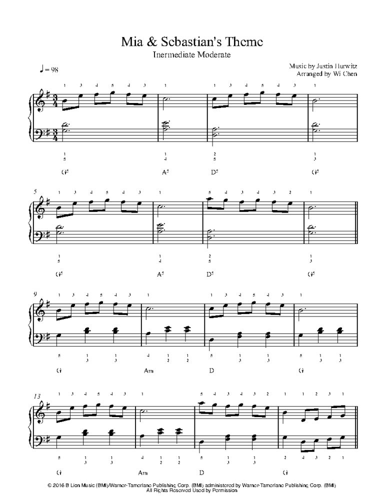 Mia Sebastian s Theme From La La Land By Justin Hurwitz Sheet Music Lesson Intermediate Level