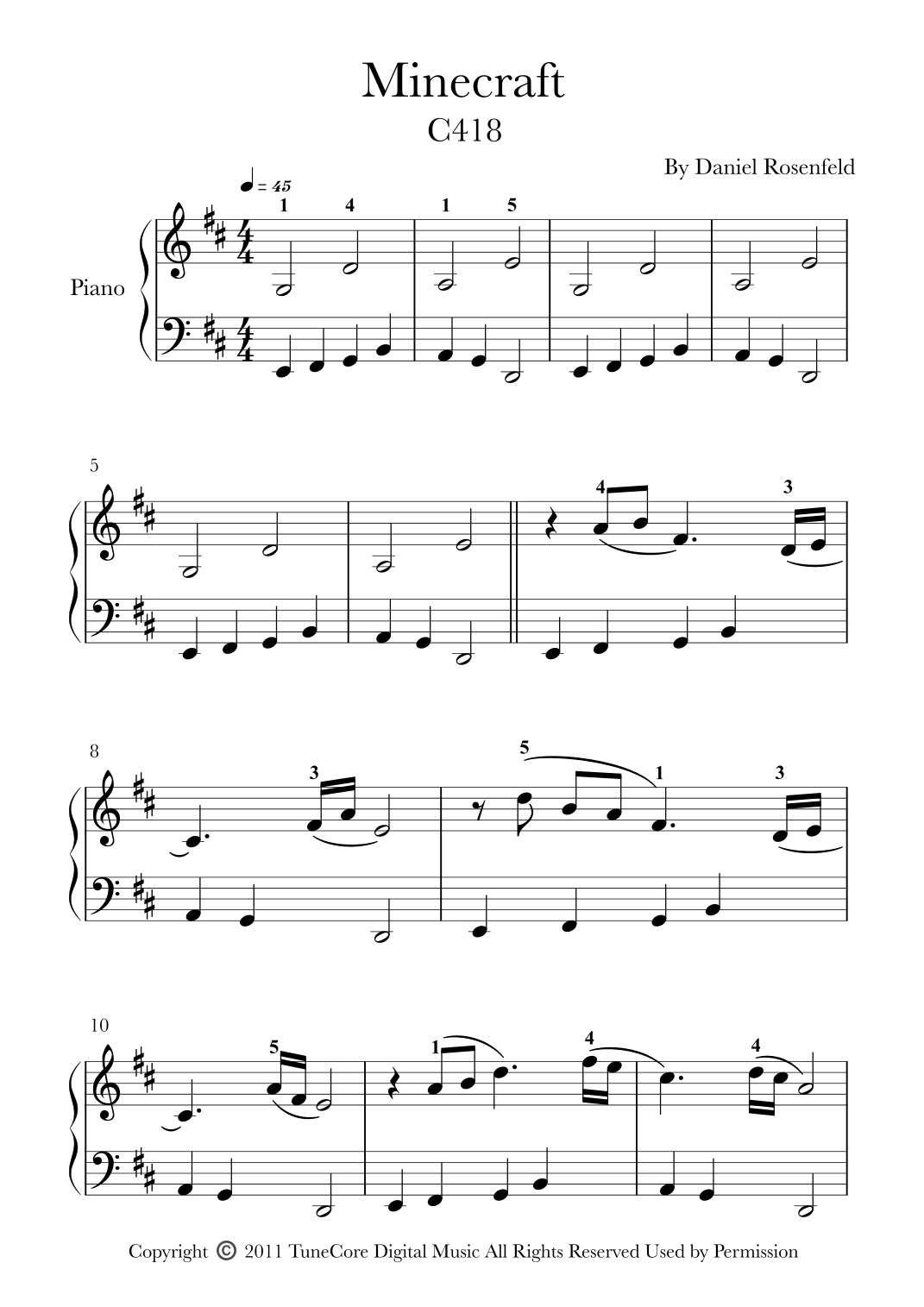 Minecraft arr Glauco Fernandes By C418 Sheet Music For Easy Piano At Sheet Music Direct