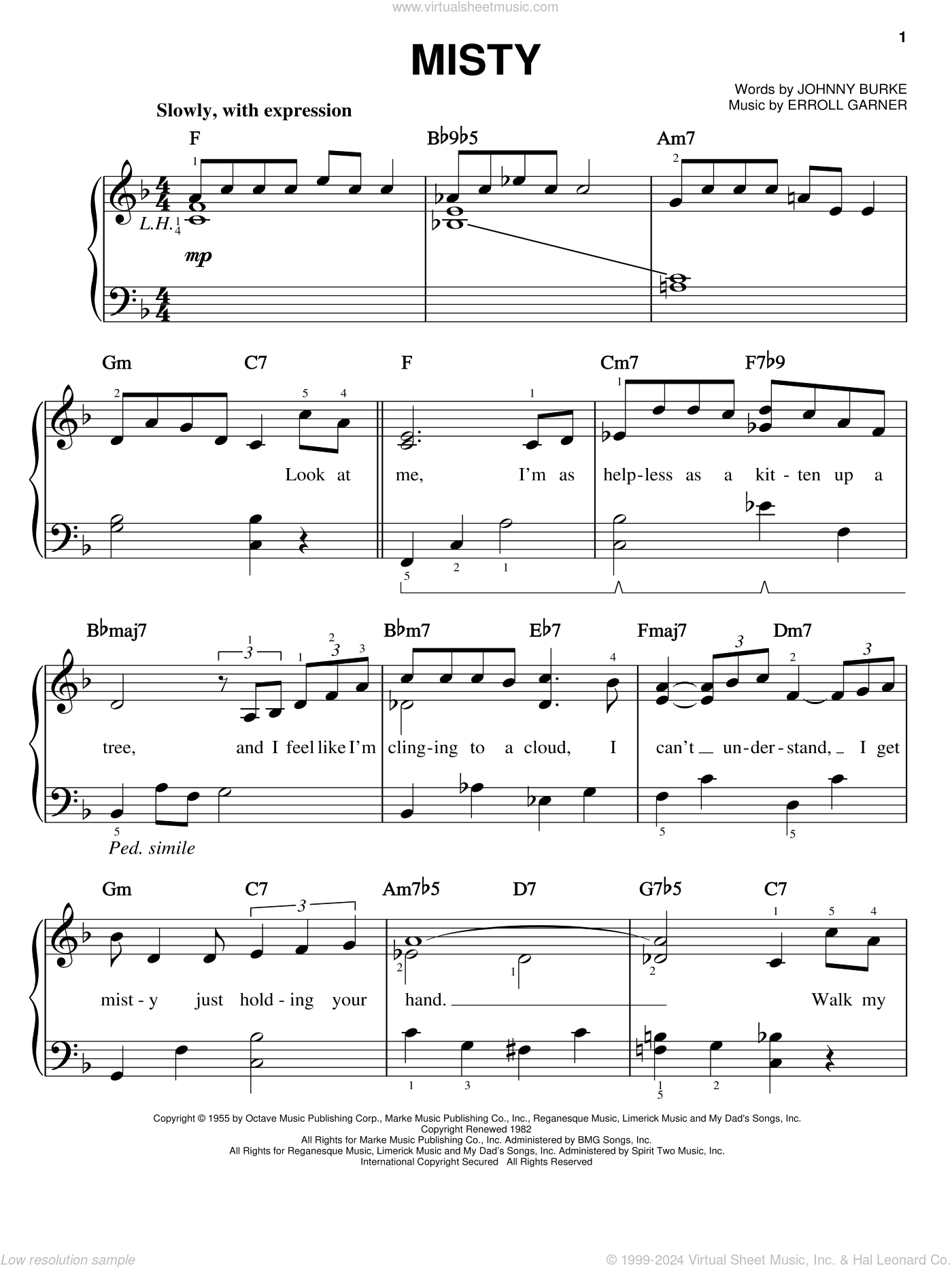 Misty Sheet Music easy Version 2 For Piano Solo PDF 