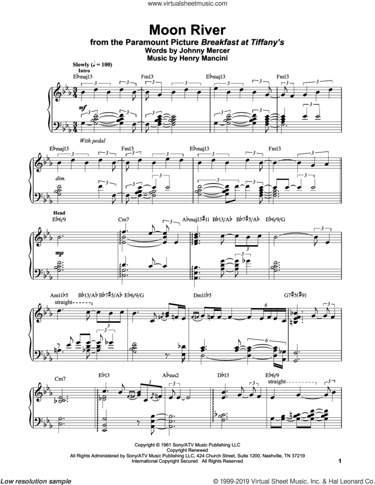 Moon River Sheet Music For Piano Solo transcription PDF 