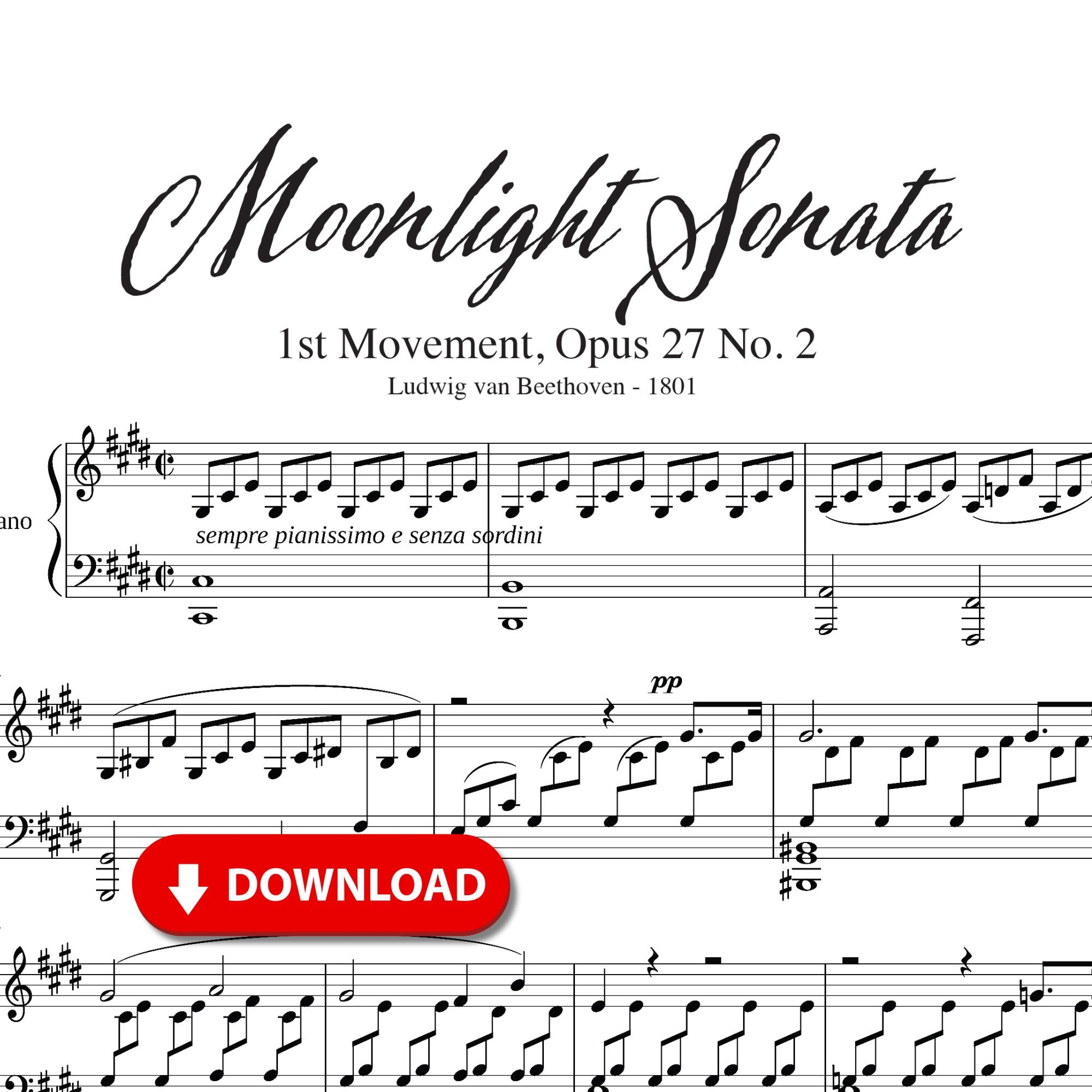 Moonlight Sonata 1st Movement Sheet Music Beethoven Piano Solo PDF Popular Classical Romantic Piece Printable Digital Download Etsy