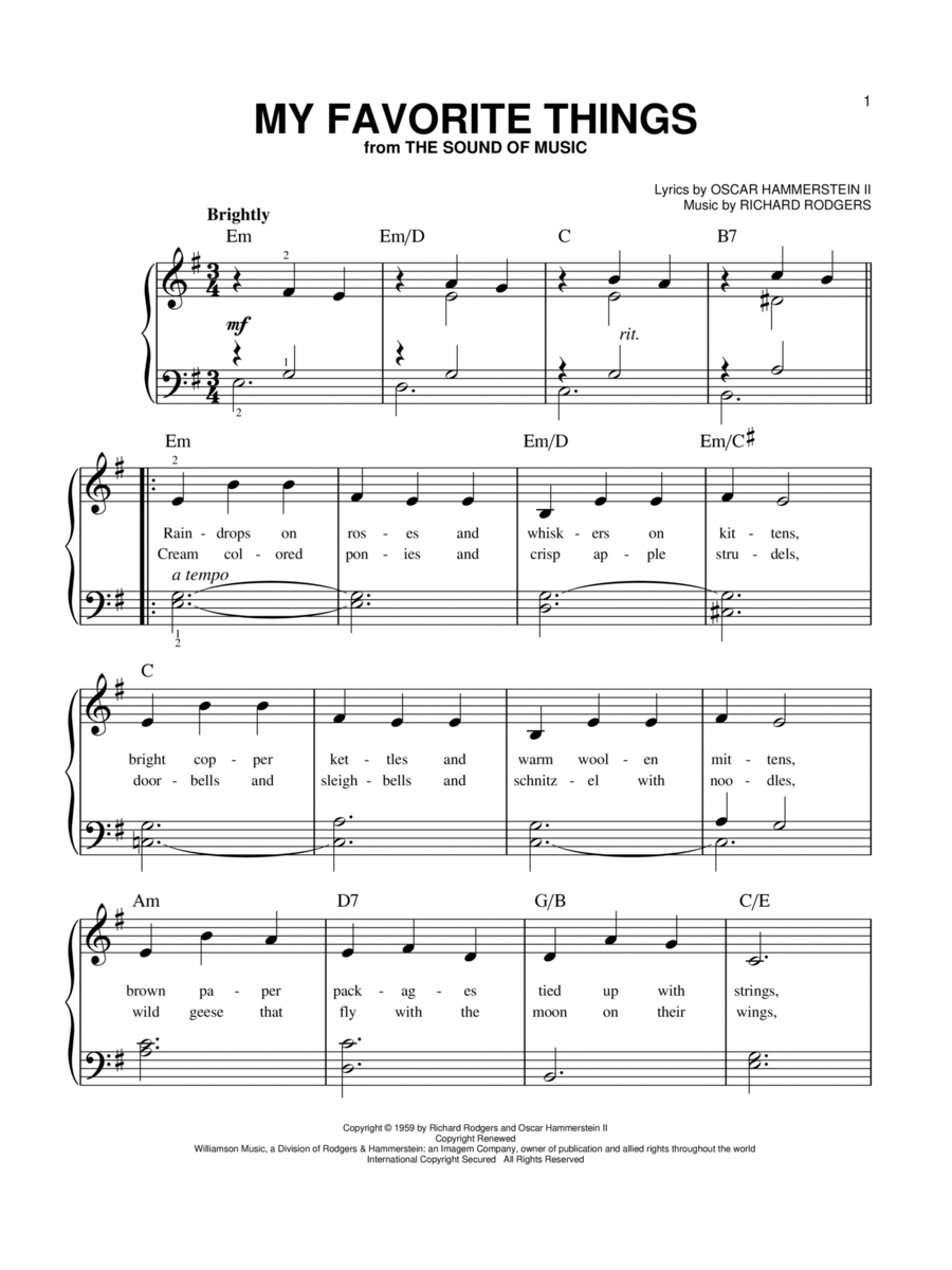 My Favorite Things By Rodgers Hammerstein Easy Piano Digital Sheet Music Sheet Music Plus
