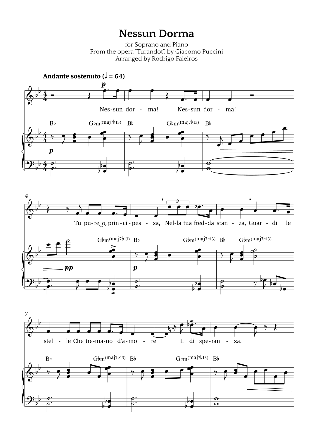 Nessun Dorma for Soprano And Piano arr Rodrigo Faleiros By Puccini Sheet Music For Piano Vocal At Sheet Music Direct
