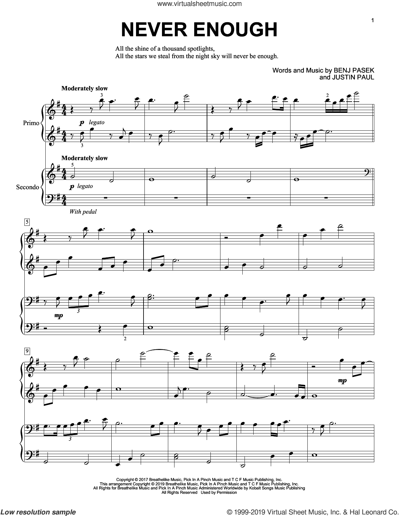 Never Enough from The Greatest Showman Sheet Music For Piano Four Hands Never Enough from The Greatest Showman Sheet Music For Piano Four Hands